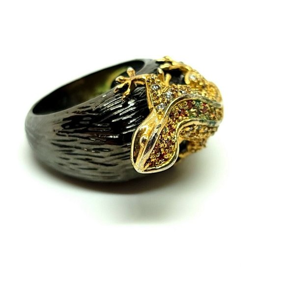 Elegant Iman CN Charcoal Gold Plated Pave Rhinestone Chameleon Cocktail Ring - Picture 2 of 10